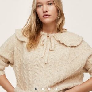 Mango Beige Cable Knit Sweater with Removable Scalloped Collar